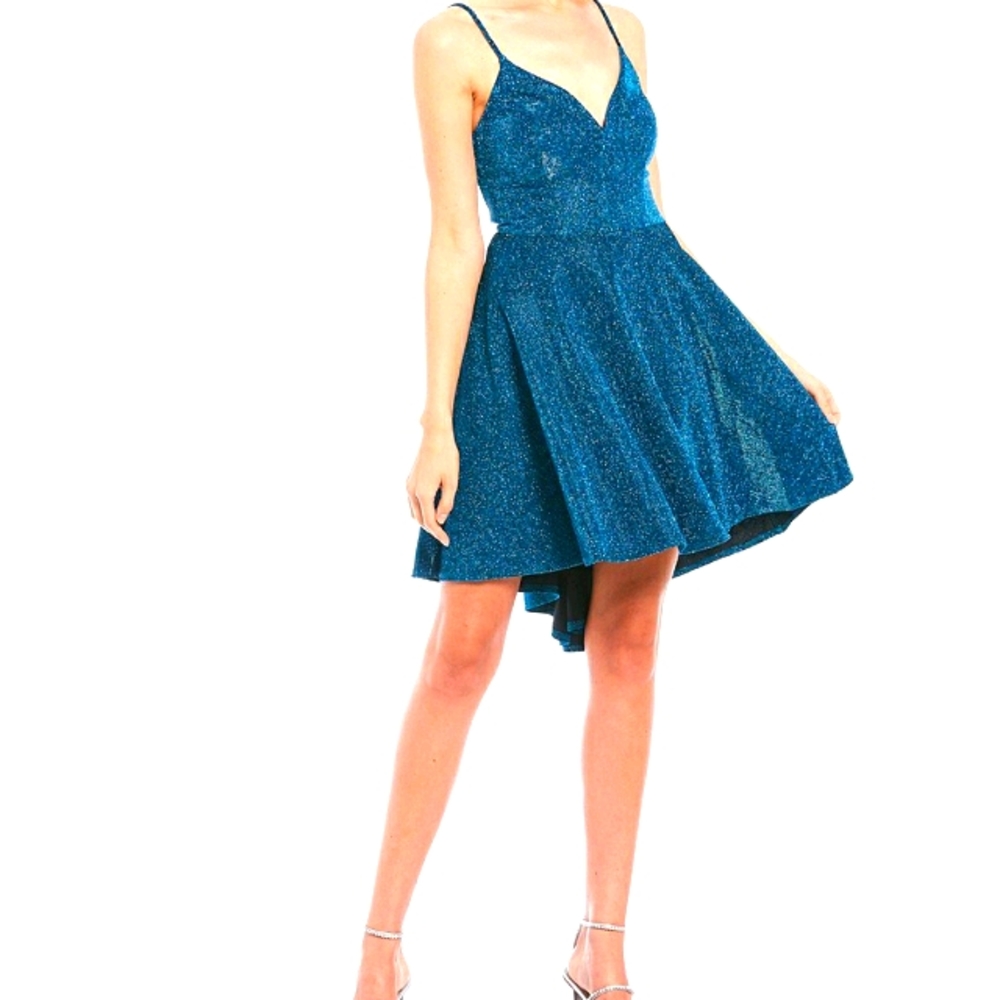 V-Neck Scoop Back Two-Tone Shine High-Low Dress